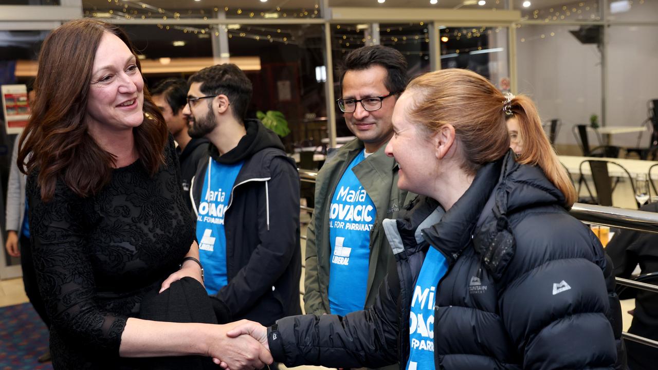 Liberal candidate Maria Kovacic greets party volunteers at Rydalmere Lions FC. Picture: Damian Shaw