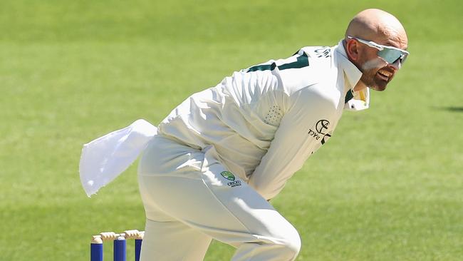 Nathan Lyon in action on day four of the first Test against Pakistan in Perth. Picture: Getty Images