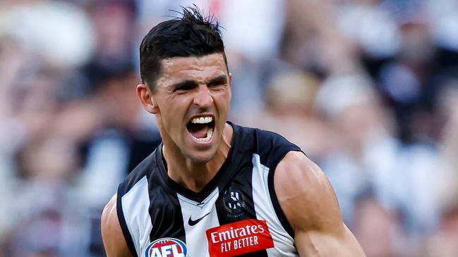 MELBOURNE, AUSTRALIA - SEPTEMBER 30: Scott Pendlebury of the Magpies celebrates a goal during the 2023 AFL Grand Final match between the Collingwood Magpies and the Brisbane Lions at the Melbourne Cricket Ground on September 30, 2023 in Melbourne, Australia. (Photo by Dylan Burns/AFL Photos via Getty Images)