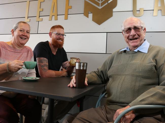 Harry Brierley enjoying a coffee with his daughter Anne Drenth and grandson Mitchell Drenth. Picture: Robert Pozo