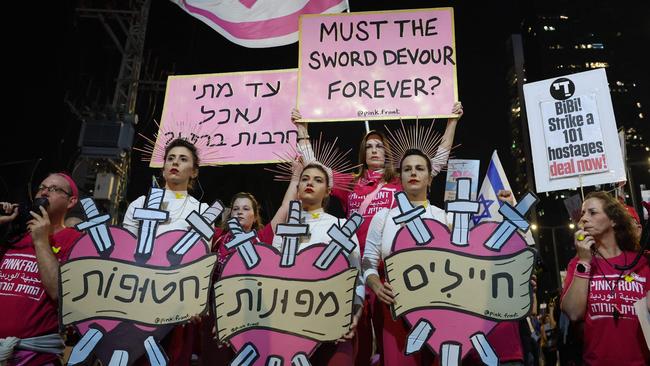 The Pink Front, a pro-democracy group, are among thousands of Israeli protesters who have put pressure on Netanyahu to secure a hostage release deal. Picture: Jack Guez/AFP