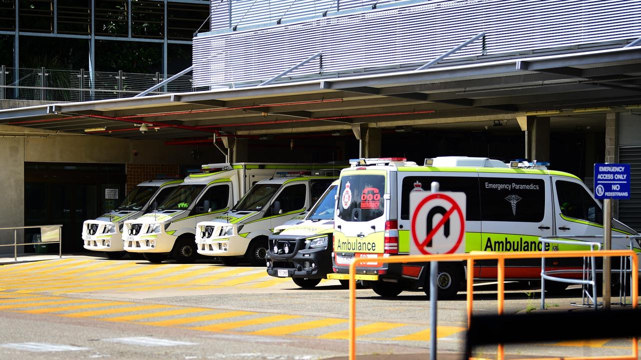 Ambulances lined up outside the Emergency Department at the Townsville University Hospital.