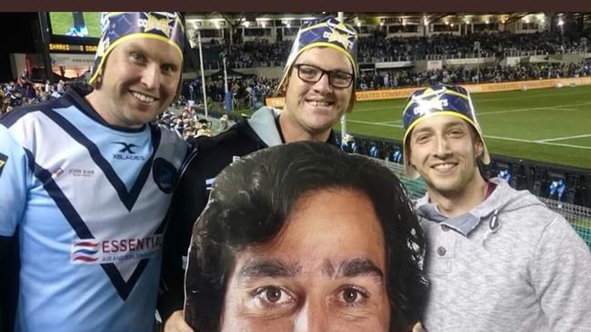 Sharks fans Paul Bolton, Gaz Brown and Tom Kaye wearing J.T’s head gear to honour the champion halfback