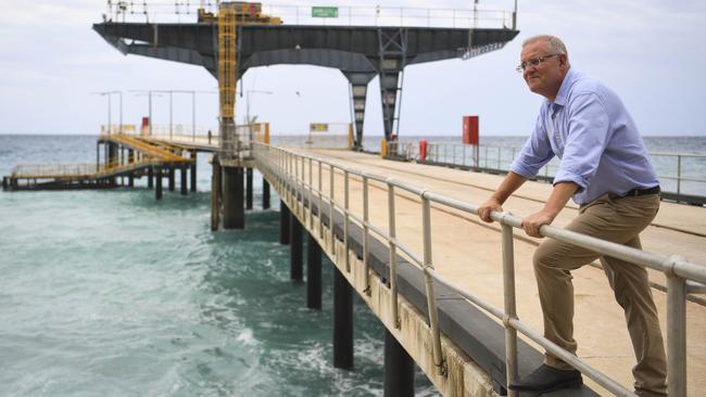 Australian Prime Minister Scott Morrison on the jetty on Christmas Island. Picture: Lukas Coch/AAP