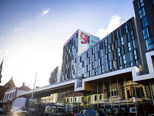 University of Tasmania building and signage, Hobart CBD. Picture: Richard Jupe File / generic / landscape / general view / educations / training / development / city / Hobart /  capital / city deal