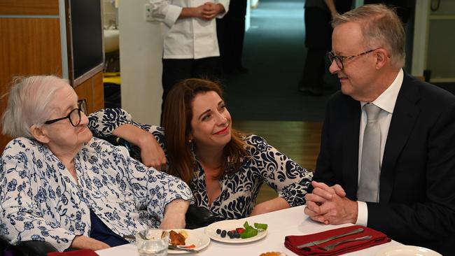 Prime Minister Anthony Albanese speaking to a resident at Eldercare Seaford with the Minister for Aged Care, Anika Wells. Picture: NCA NewsWire