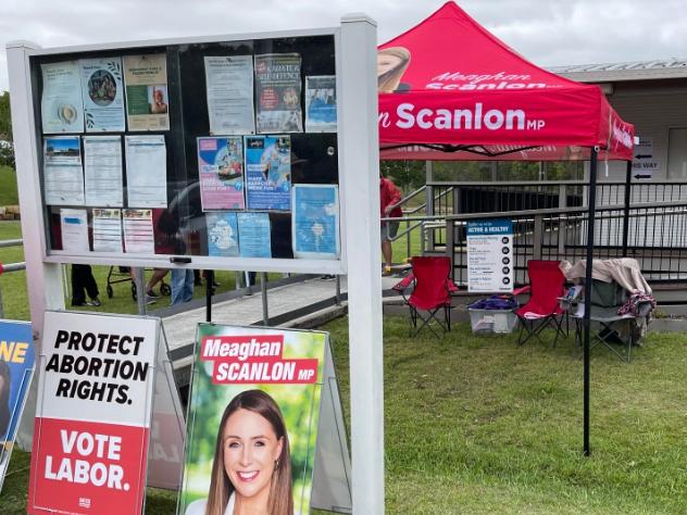 Pre-polling State 2024 election. Labor signage at Pacific Pines, focusing on health services and abortion rights.