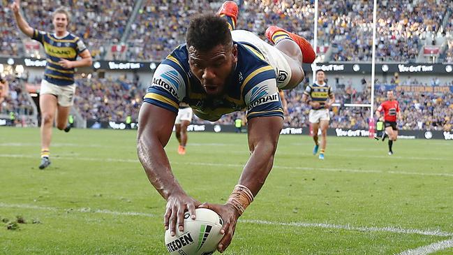 Maika Sivo scoring during the big Eels win.