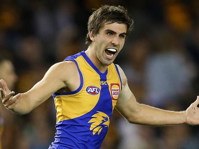 AFL Round 10. 27/05/2018. .Hawthorn v West Coast at Etihad Stadium.  West Coast's Andrew Gaff  celebrates his goal in the third quarter    . Pic: Michael Klein