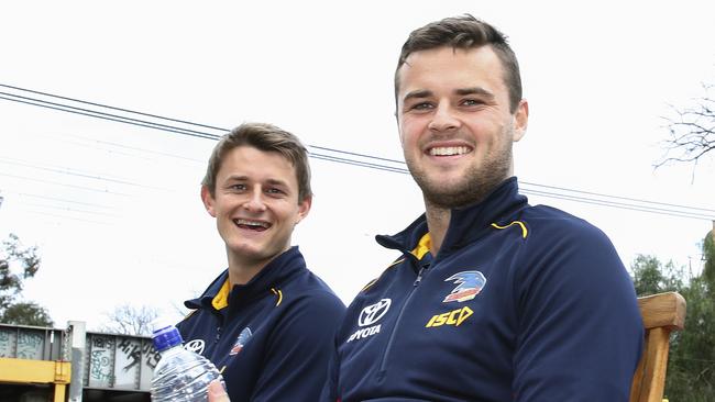 Matt and Brad Crouch in the Grand Final Parade ahead of the 2017 big dance against Richmond. Picture Sarah Reed