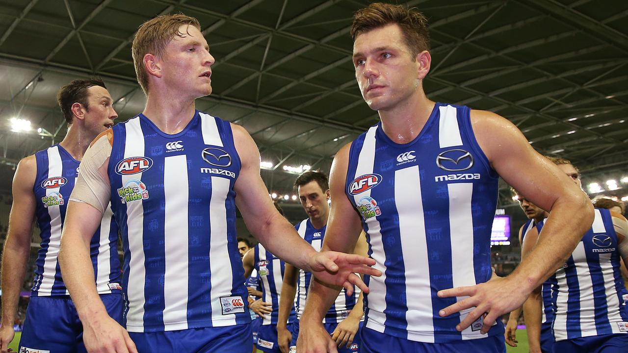 North Melbourne is languishing in the bottom two on the ladder after an awful Good Friday performance against Essendon. (Photo by Michael Dodge/Getty Images)