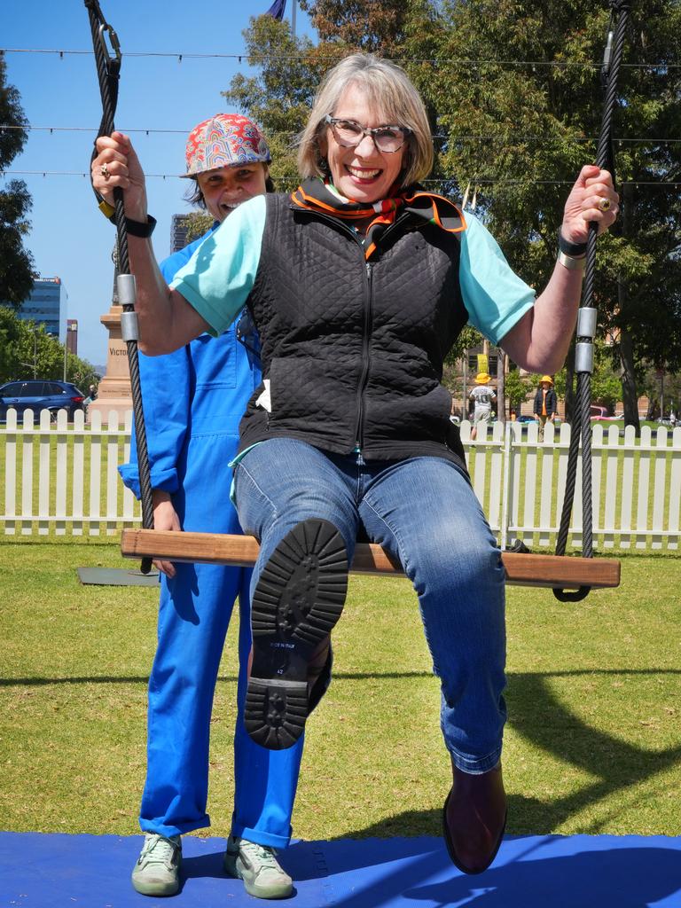 Lord Mayor Jane Lomax-Smith gives the swing a whirl. Picture: Dean Martin