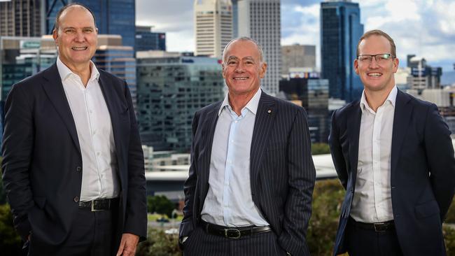 8/7/2021Nev Power, Chairman Strike and former Covid Commissioner, John Poynton, Director Strike and WA business leader Stuart Nicholls CEO Strike, at kings Park PerthPic Colin Murty The Australian