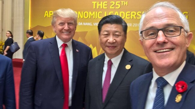 If you back down from a bully ‘you’ll be mightily diminished’: Malcolm Turnbull snaps a Selfie with Donald Trump and Xi Jinping. Picture: Facebook