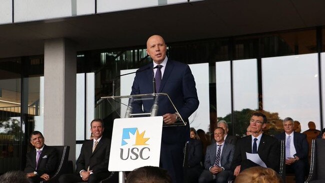 Peter Dutton opens the University of Sunshine Coast’s Moreton Bay campus with fellow frontbencher Dan Tehan, second from left, and the university’s chancellor Angus Houston on Monday. Source: Twitter