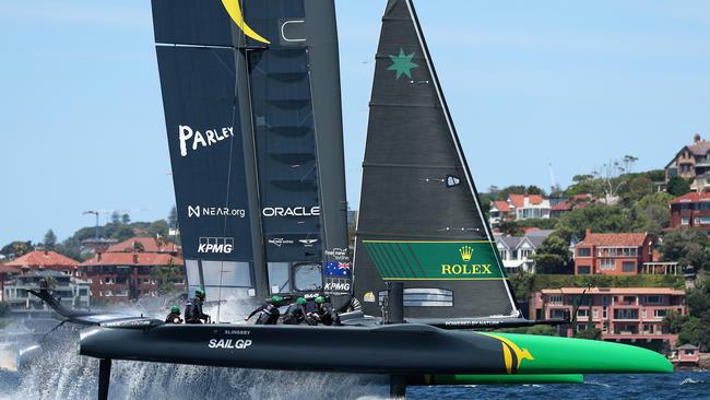 SYDNEY, AUSTRALIA – FEBRUARY 16: Australia SailGP Team trains during a practice session ahead of SailGP Australia at Sydney Harbour on February 16, 2023 in Sydney, Australia. (Photo by Cameron Spencer/Getty Images)