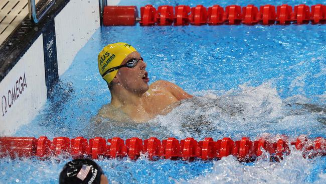 Australia's Kyle Chalmers looks up to see he’s the new Olympic champion