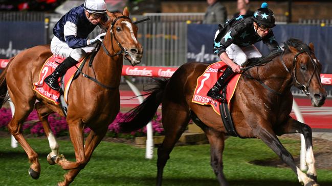 MELBOURNE, AUSTRALIA - OCTOBER 25: Billy Egan riding Okita Soushi defeats Serpentine in Race 7, the Ladbrokes Moonee Valley Gold Cup - Betting Odds during Melbourne Racing at Moonee Valley Racecourse on October 25, 2024 in Melbourne, Australia. (Photo by Vince Caligiuri/Getty Images)