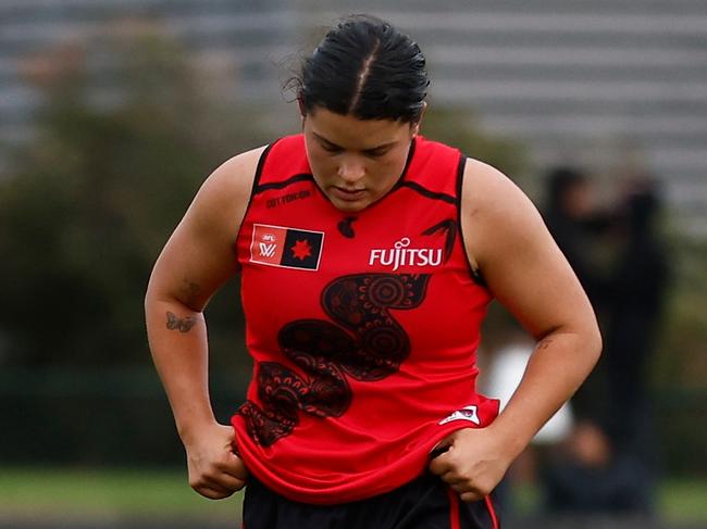 MELBOURNE, AUSTRALIA - OCTOBER 22: Madison Prespakis of the Bombers looks dejected after a loss during the 2023 AFLW Round 08 match between The Essendon Bombers and The West Coast Eagles at Windy Hill on October 22, 2023 in Melbourne, Australia. (Photo by Michael Willson/AFL Photos via Getty Images)