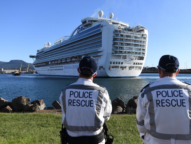 There are 1056 crew members on-board the quarantined Ruby Princess, with 44 having tested positive to COVID-19. Picture: Dean Lewins