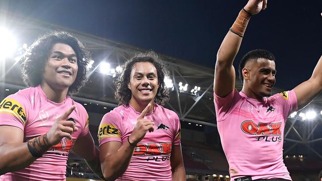 Brian To'o, Jarome Luai and Stephen Crichton are three of the Panthers most popular players whose jerseys are in high demand. Picture: Bradley Kanaris/Getty Images