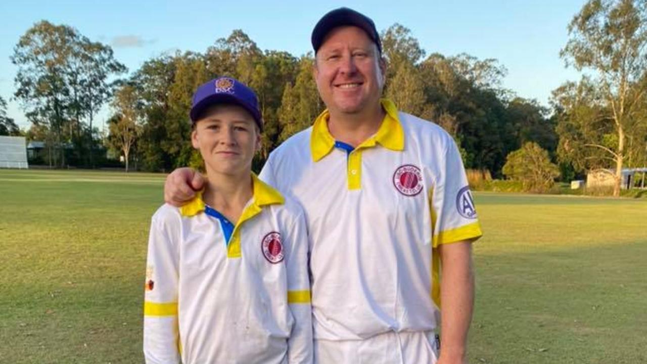 Teenager Tighe Morris, with father Steve, hit an epic 223 during a senior Division 7 clash against Caboolture.