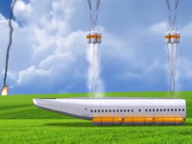 Thanks to parachutes and inflatables, the plane can land safely on land or water.