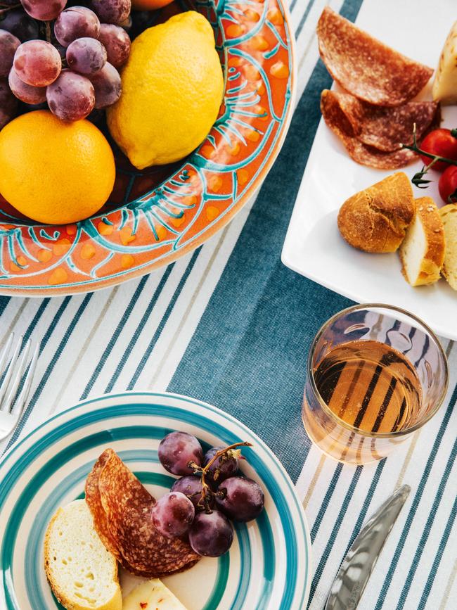 Fruit, salami and cheese for lunch at Hiera, a villa for rent on Marettimo. Picture: Jack Johns.