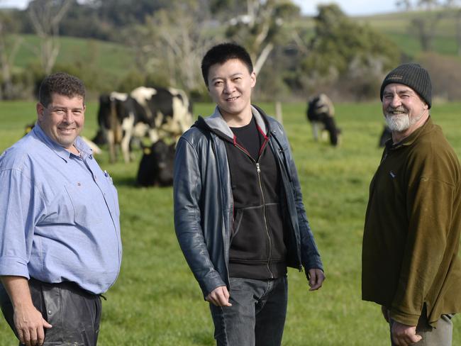DFP Australia general manager Roy Wang at the Poowong Farm with farm consultant Matt Hall and farm business manager Phil Good.