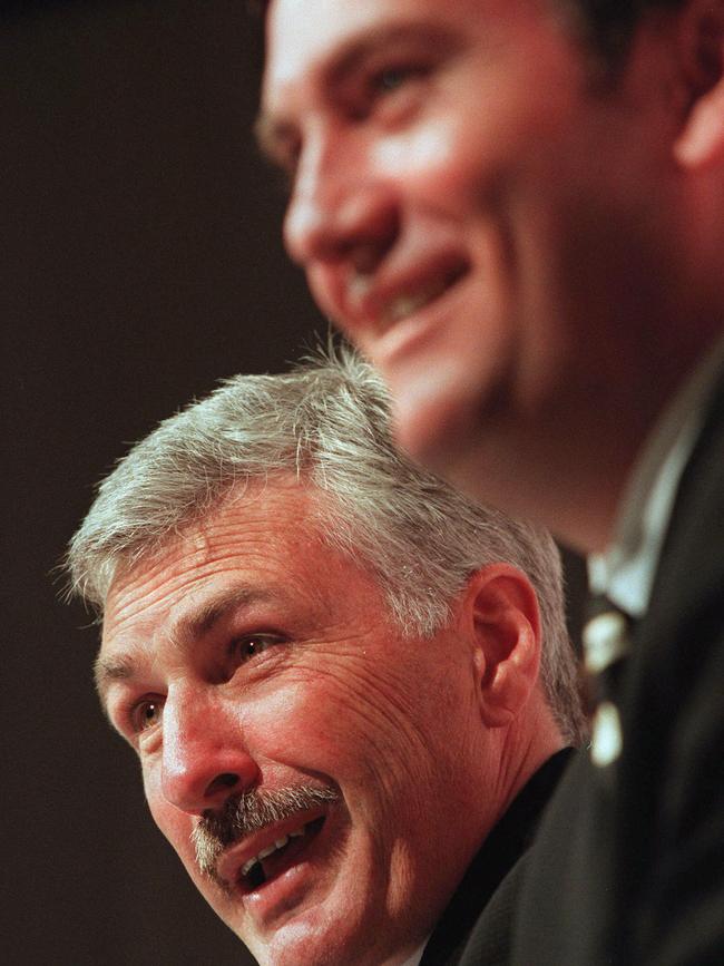 McGuire announces Mick Malthouse as the next coach of Collingwood in 1999. Picture: George Salpigtidis