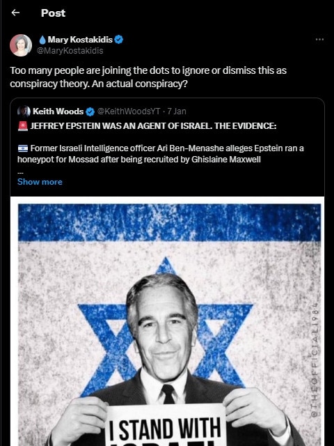 Social media post featuring Jeffrey Epstein by Mary Kostakidis. Picture: Twitter / X