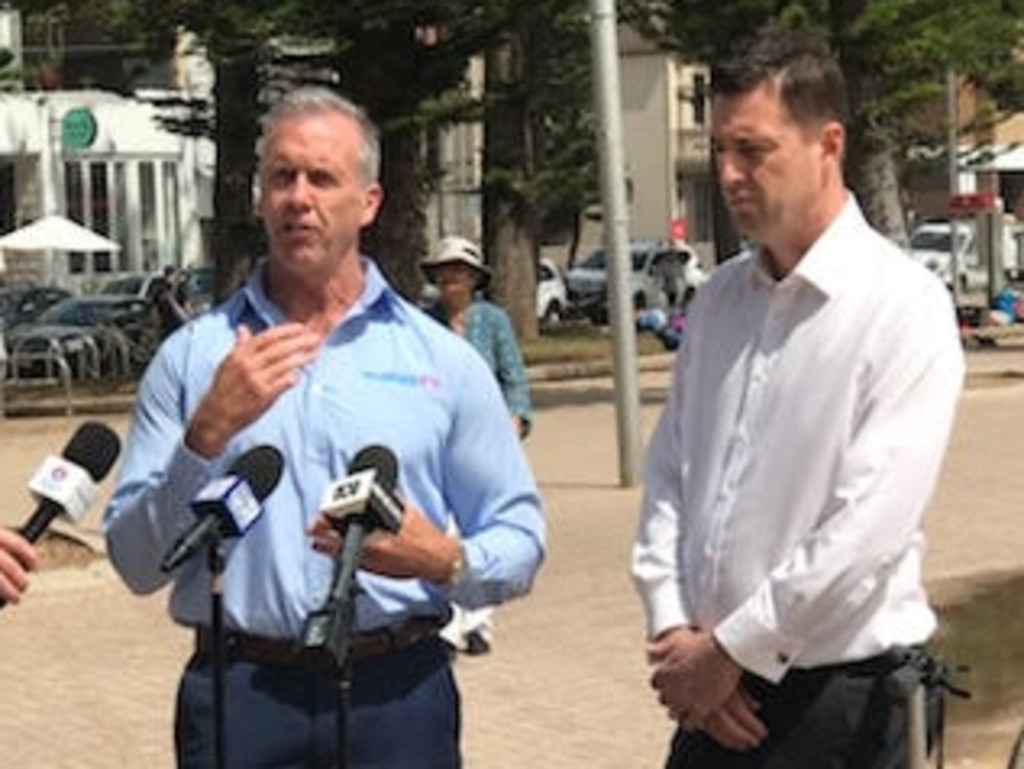 Surf Life Saving NSW CEO Steven Pearce and Northern Beaches Mayor Michael Regan explaining how drones will keep beaches and parks COVID-Safe. Picture: Supplied /Northern Beaches Council