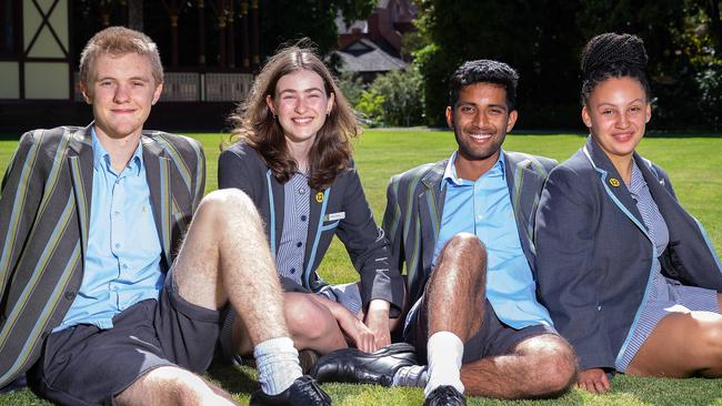 Albert Park College students Isabella Noble, Rohan Jain, Bonnie Sheppard and Max Crandall. The college had a median VCE score of 30 with 9 per cent of students achieving a study score of 40 or higher. Picture: Sarah Matray