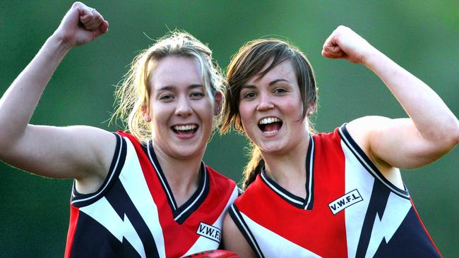 Daisy Pearce pictured with her former teammate and current Port Adelaide AFLW coach Lauren Arnel in 2008.