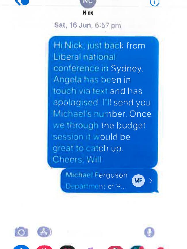 Text messages form Premier Will Hodgman to Cricket Tas CEO Nick Cummins. Picture: SUPPLIED