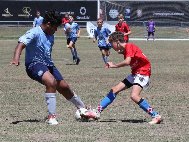 The Premier Invitational football tournament on the Gold Coast. Gold Coast Knights Red v Springfield United under-13s in action. Picture: Mike Batterham.