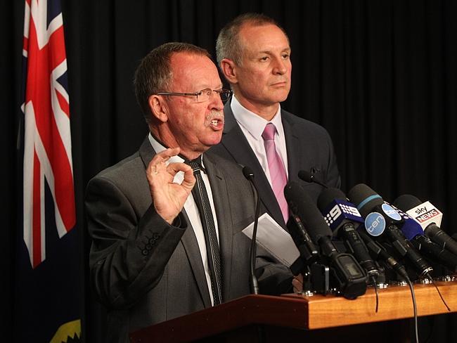 Independent MP Geoff Brock and Premier Jay Weatherill hold a press conference to annouce Labor would be able to form a minority government. Picture: Calum Robertson