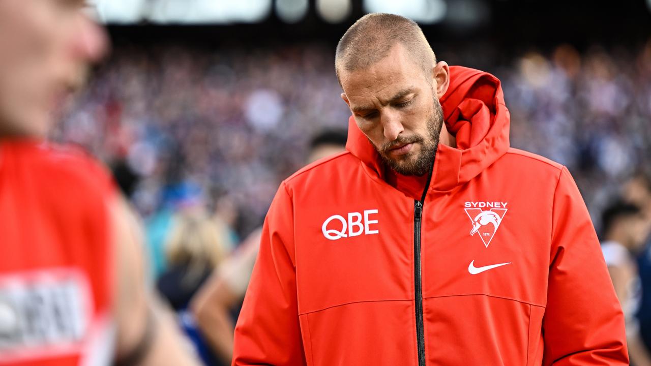 MELBOURNE, AUSTRALIA - SEPTEMBER 24: Sam Reid of the Swans looks upset after the loss during the 2022 Toyota AFL Grand Final match between the Geelong Cats and the Sydney Swans at the Melbourne Cricket Ground on September 24, 2022 in Melbourne, Australia. (Photo by Daniel Carson/AFL Photos via Getty Images)