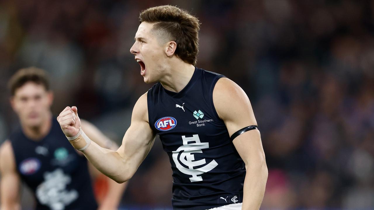 MELBOURNE, AUSTRALIA – JUNE 09: Lachie Fogarty of the Blues celebrates a goal during the 2024 AFL Round 13 match between the Essendon Bombers and the Carlton Blues at The Melbourne Cricket Ground on June 09, 2024 in Melbourne, Australia. (Photo by Michael Willson/AFL Photos via Getty Images)