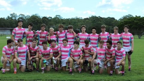 The Ormiston College First XV team in their pink jerseys for pink day.