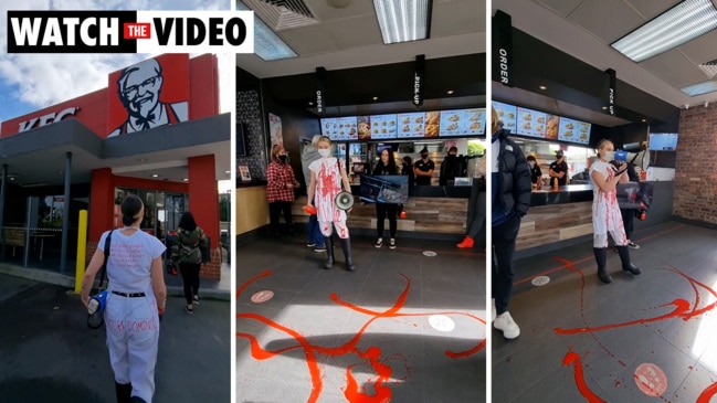 Notorious Perth vegan Tash Peterson disrupts KFC with bloody protest