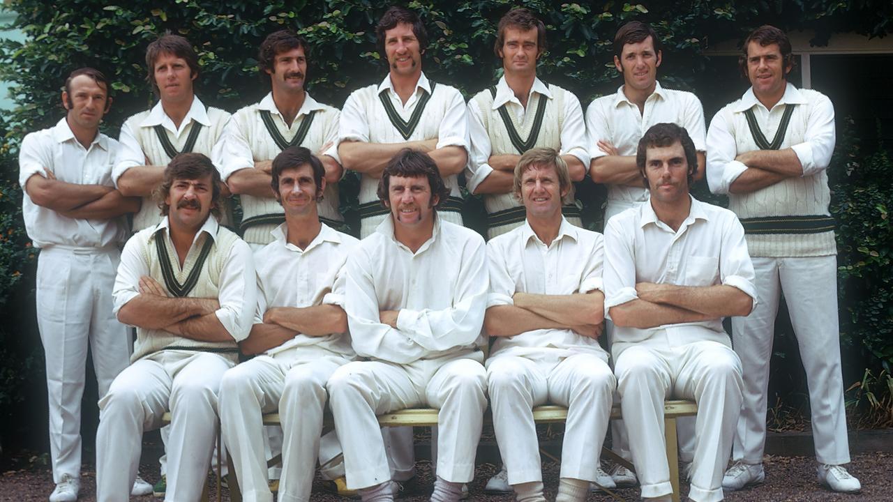 The 1975 Australian team (back, left to right): Doug Walters, Jeff Thomson, Dennis Lillee, Max Walker, Ashley Mallett, Rick McCosker, Alan Turner; (front): Rodney Marsh, Ian Redpath, Ian Chappell, Ross Edwards, Greg Chappell. Photo by Patrick Eagar/Popperfoto/Getty Images.