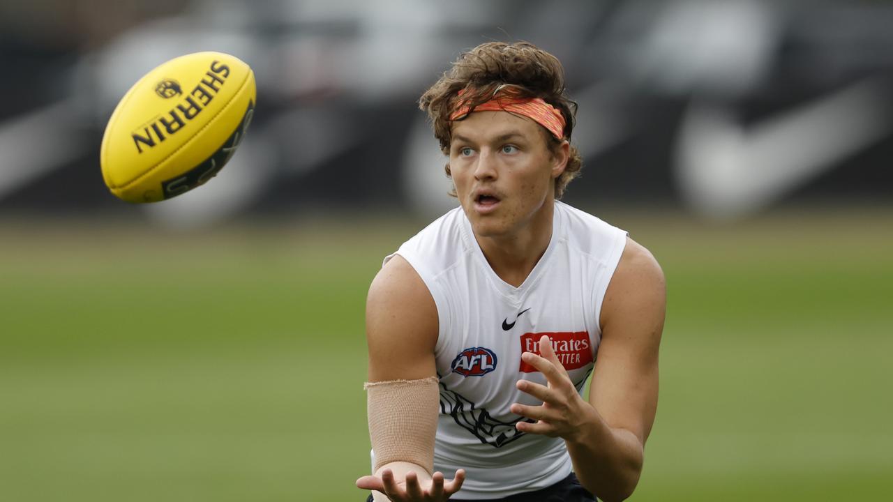 Jack Ginnivan will return through the VFL as the Magpies ponder whether to consider him for round 4 against Brisbane. Picture: Darrian Traynor / Getty Images