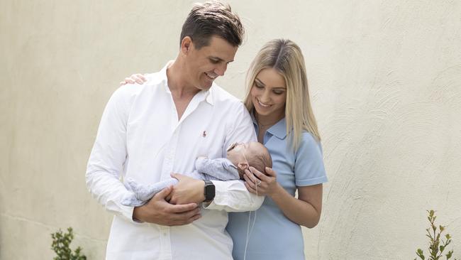 Adcock, Ward and baby Hugo at four months old. Picture: Mark Cranitch.