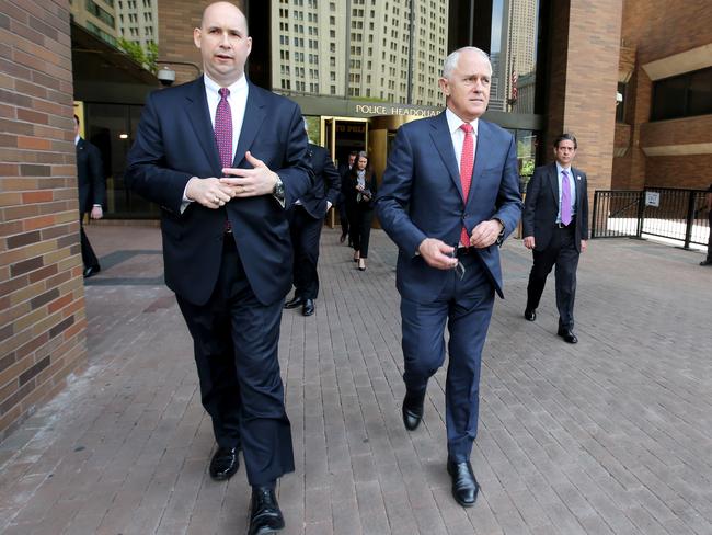 Prime Minister Malcolm Turnbull (right) leaves the NYPD headquarters in downtown New York with William F Sweeney, New York FBI assistant director. Picture: Nathan Edwards