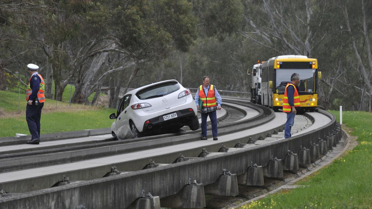 A car on the busway track at Royston Park. There have been numerous incidents over the years. Picture: Campbell Brodie