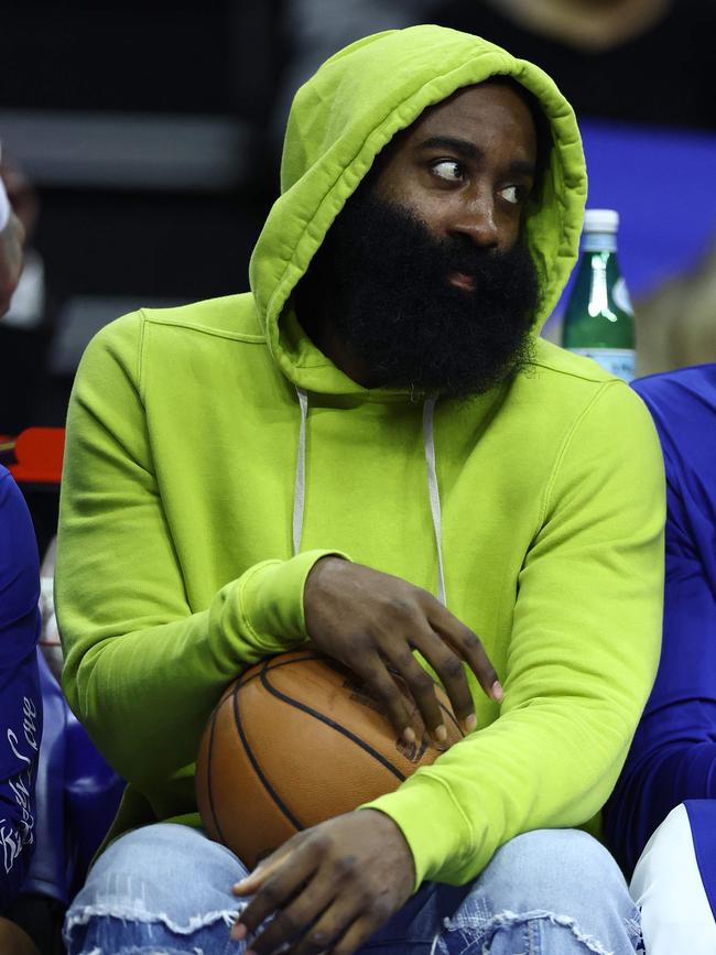 Harden sat on the bench on Sunday. Photo: Tim Nwachukwu/Getty Images/AFP