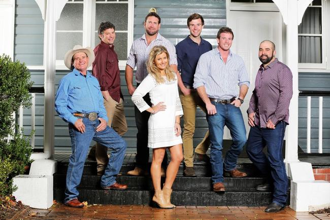 The Farmer Wants A Wife host Sam McClymont, centre, pictured with farmers, from left, Lance, Jedd, Lachie, Adam, Matt and Julz. . Picture: Channel 9