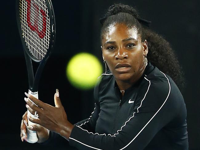 Serena Williams practices ahead of the 2020 Australian Open at Melbourne Park.