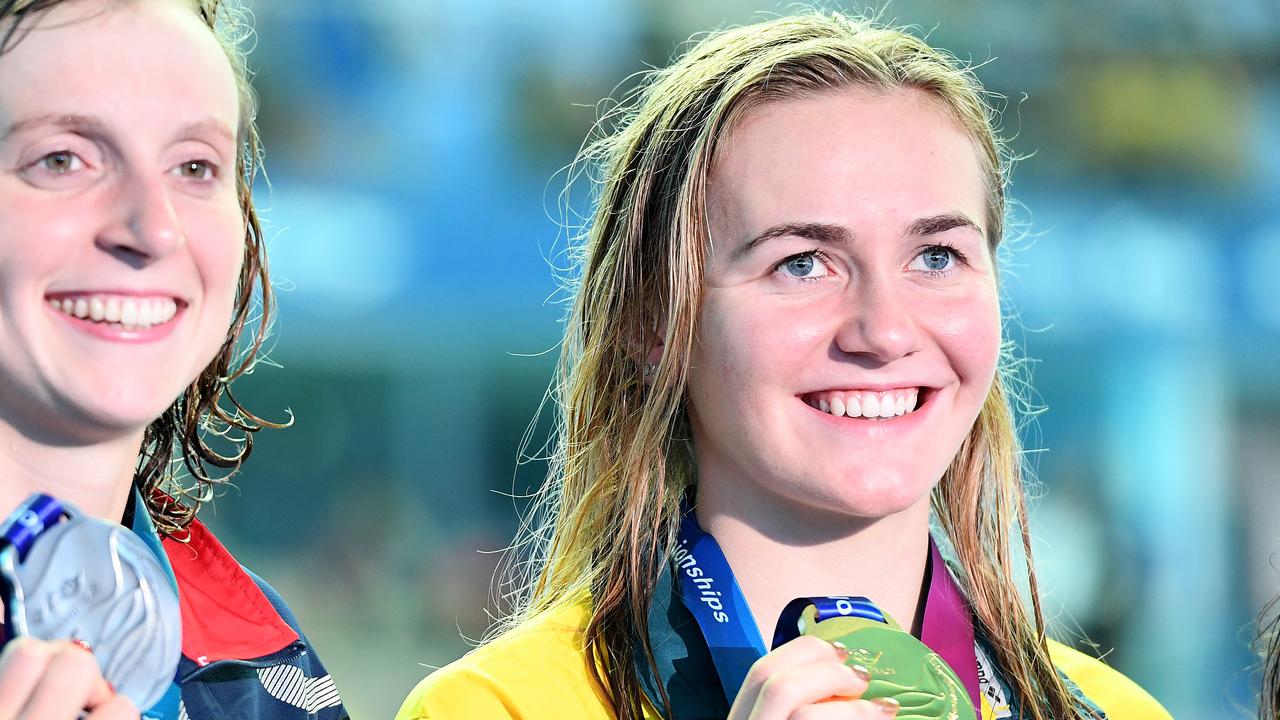 Gold medalist Ariarne Titmus (right) with silver medalist Katie Ledeck,y of the United States, at the medal ceremony for the women's 400m freestyle final on day one of 2019 FINA World Championships. Picture: Quinn Rooney/Getty Images